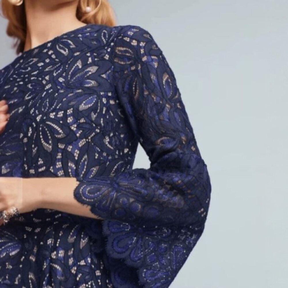 ELIZA J Reverie Navy Blue Nude Lined Lace Dress Bell Sleeves Fit Flare Size 8 - Picture 4 of 16